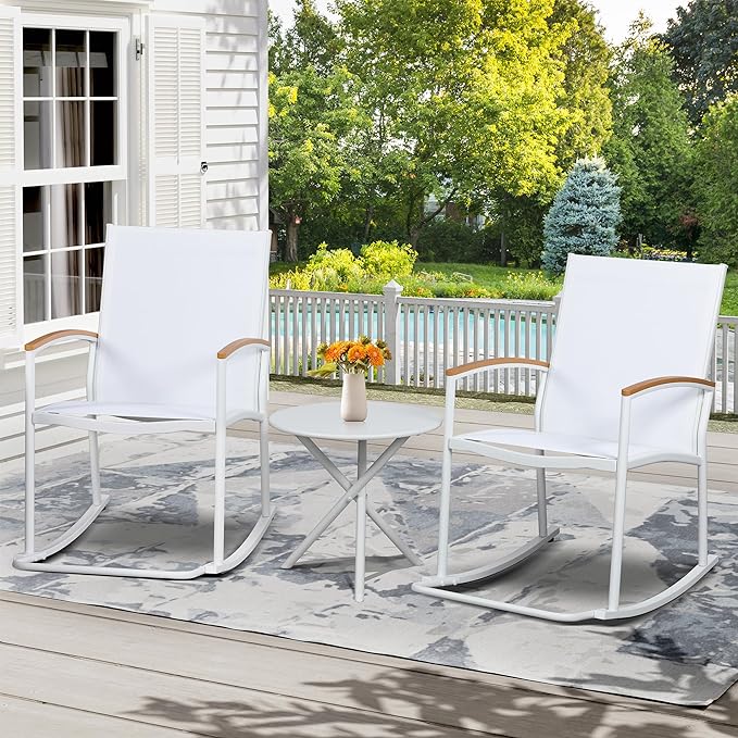 Shintenchi 3 Piece Outdoor Rocking Bistro Set, Textilene Fabric Small Patio Furniture Set, Front Porch Rocker Chairs Conversation Set with Table for Lawn, Garden, Balcony, Poolside (White)