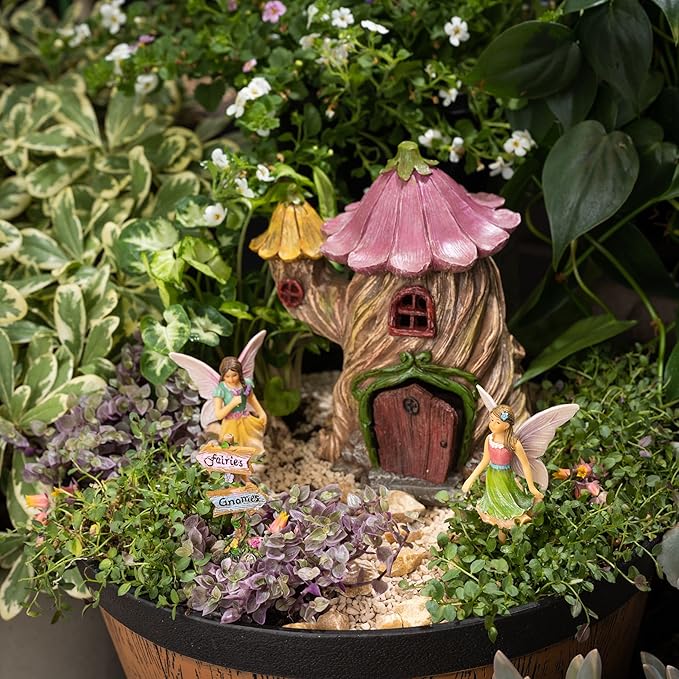 PRETMANNS Fairy House Kit - Fairy Garden Accessories for Outdoor Miniature Village Decor, with Fairies & Sign - House, 7 ‘ High & Door can Open Wide - 4 Piece Supplies
