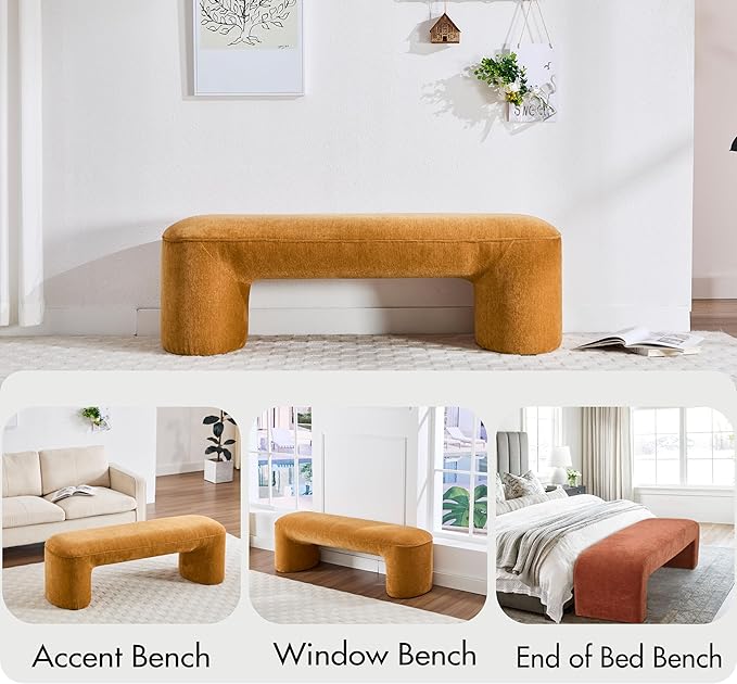 3-Piece 53" Comfy Upholstered Dining Bench with 2 Ottomans, Accent Waterfall Bench Modern End of Bed Entryway Bench Vanity Stool，Pumpkin Chenille