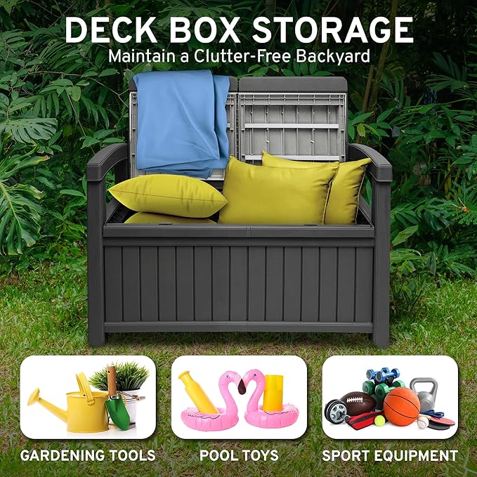 EconoHome 2 Seat Outdoor Storage Bench with Rain Cover - 60 Gallon Capacity - Weatherproof Resin Bench for Patio, Porch, Garden, Yard, Pool Area - Furniture for Pool Accessories, Gardening Tools
