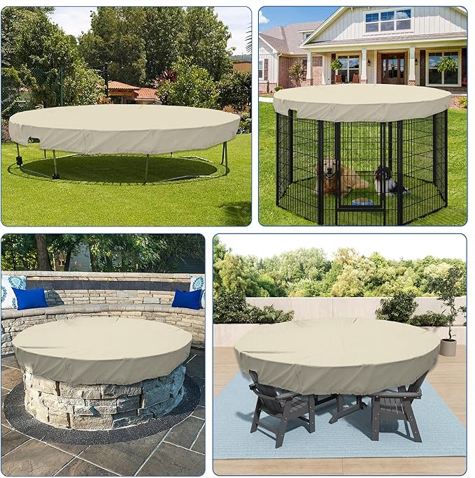 ECOOPTS 8 ft Waterproof Round Polyester Pool Cover for Above Ground Pools, Swimming Pool Cover Protector Winter Safety Cover (Beige)
