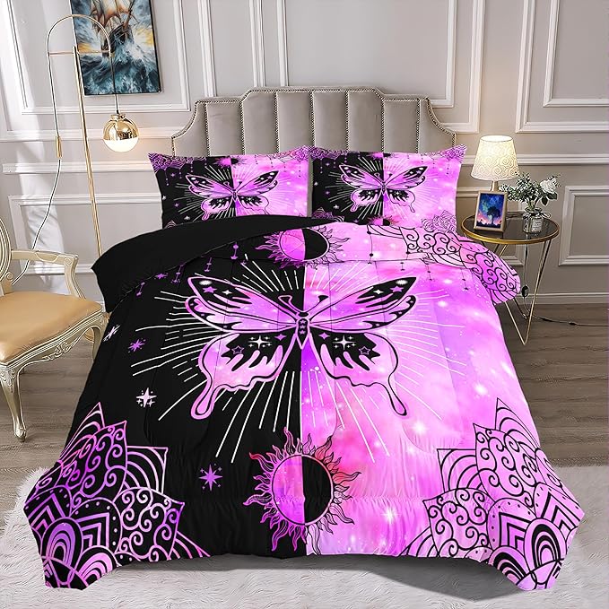 Butterfly Comforter Set for Girls Women, Butterfly Bed Set, Boho Butterflies with Sun and Moon Printed Bedding Sets, Black Purple Butterfly Comforter Set Full Size with 2 Pillowcases
