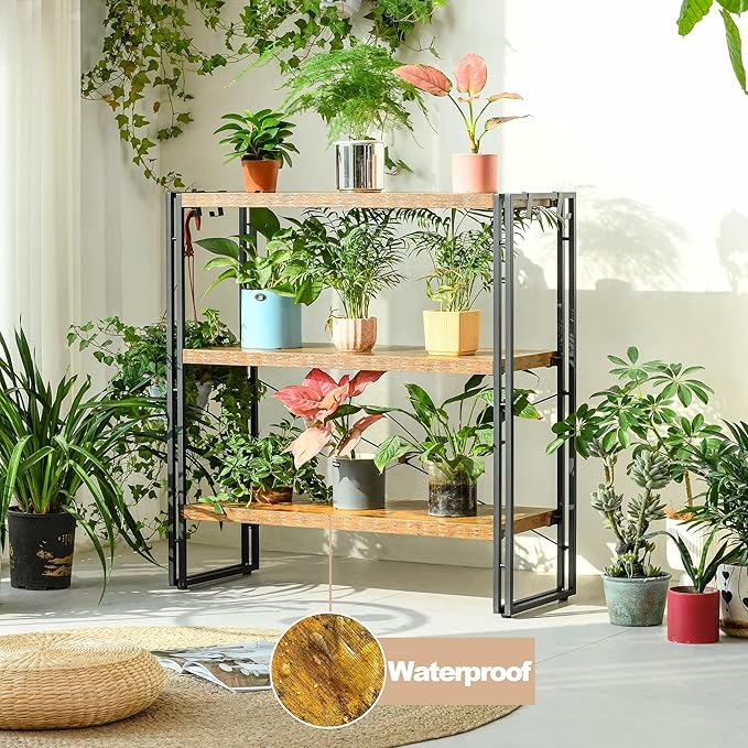 HCHQHS Bookshelf, 3-Tier Industrial Bookcase, Rustic Open Book Shelf, Freestanding Horizontal Bookshelves with Metal Frame