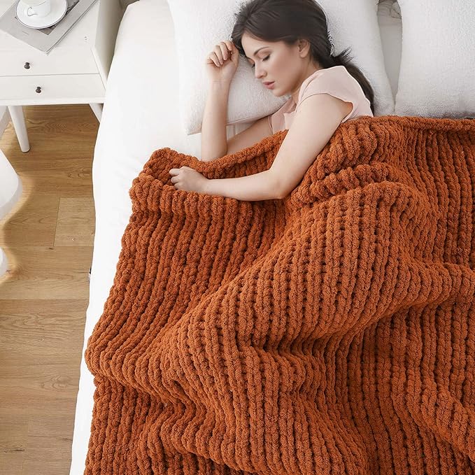 Battilo Chunky Knit Throw Blanket, Soft and Thick Chenille Throw Blanket, 50"x60" Handmade Cable Knit Crochet Blanket, Large Rope Knot Throw Blankets for Couch Sofa Bed Home Decor, Caramel