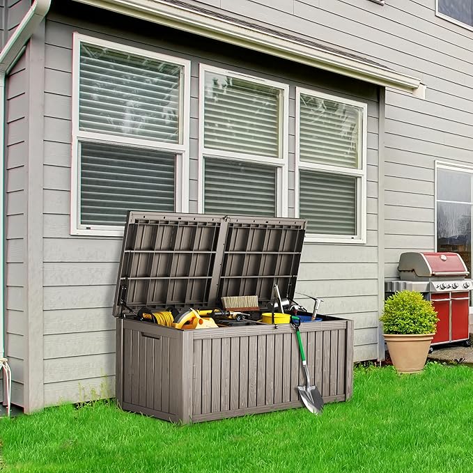 TARKARI 180 Gallon Lockable Resin Deck Box, Waterproof & UV-Resistant Outdoor Storage Box for Outdoor Cushion Storage, Garden Tools & Pool Accessories Storage, Gray