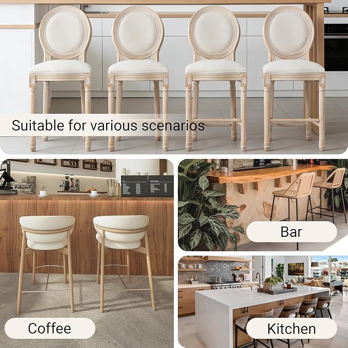 French Country Barstool, Linen Farmhouse Counter Height Chair | Set of 6, with Cushion Round Back and Solid Wood Legs, Oval Chairs for Restaurant, Bar, Kitchen, Café, Beige