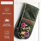 Maison d' Hermine Double Oven Mitts 100% Cotton Double Oven Glove (7"x35") | Heat Resistant BBQ Cooking Gloves with Loop Baking Kitchen Home Farmhouse Thanksgiving Christmas -Pumpkin Garden - Dark Green