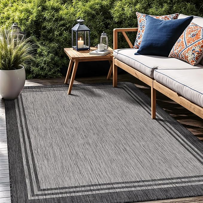 Bordered Outdoor Rug 9x12 Washable Outside Carpet for Indoor Patio Porch Waterproof Easy Cleaning Non Shedding Area Rugs Dark Gray 9 x 12