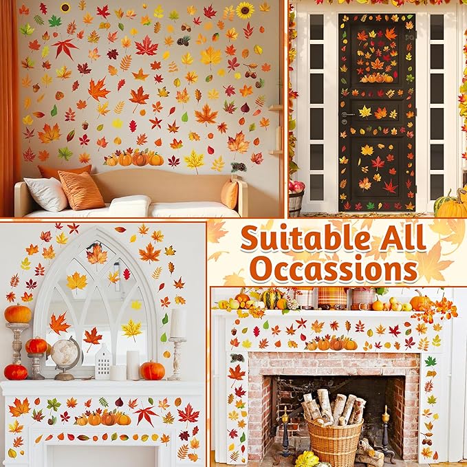 9 Sheets Fall Decorations, 274 PCS Fall Window Clings, Double Sided Autumn Stickers with Maple Leaves Pumpkin Nuts, Autumn Window Clings for Party Thanksgiving Decor Indoor Outdoor Accessories