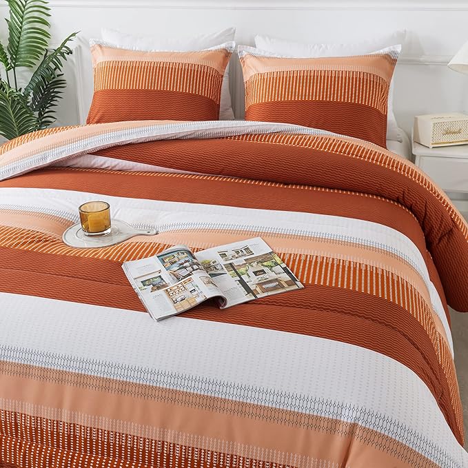 Andency Stripe Comforter Set Queen Size (90x90 Inch), 3 Pieces Terracotta Patchwork Striped Comforter, Soft Microfiber Down Alternative Comforter Bedding Set with Corner Loops