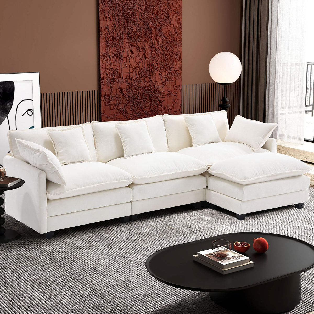 Ihanherry 111.4" L Shaped Modern Sofa Modular Sectional Cloud Couch with Ottoman, 4-Seat Chenille Deep Seat Sofa with Pillow for Living Room, Bedroom and Apartment, Beige