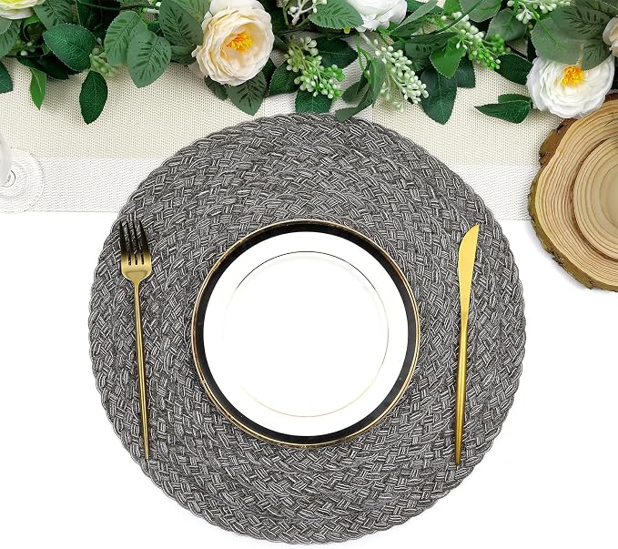 SHACOS Round Braided Placemats Set of 6 Thick Woven Placemats Washable 15 inch Circle Place Mats Non Slip Table Mats for Dining Table, Gray White