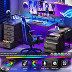Unikito 70.8" Reversible L Shaped Computer Desk with Fabric File Drawers, Corner Desk with RGB LED Lights & Power Outlets & Monitor Stand, Large Gaming Desk for Home Office Workstation, Black Oak