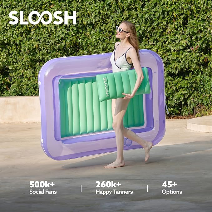 SLOOSH Inflatable Tanning Pool Lounger Float, 70" x 46" Pool Floats Adult with Pillow, 4 in 1 Suntan Tub Raft Floatie,Sunbathing Bed Lounge for Water Blow Up Kids Ball Pit Party Gifts, L-Purple Green