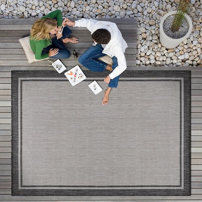 CAMILSON Indoor Outdoor Rug, 5x7 Bordered Gray Modern Area Rugs for Indoor and Outdoor Patios, Kitchen and Hallway Mats, Washable Porch Deck Outside Carpet (Bordered Grey, 5 x 7)