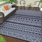 GAOMON Outdoor Rug 9'x12' Waterproof Rug for Patio Decor, Foldable Reversible Plastic Straw Area Rugs Mat for Camper, Outside Carpet for Deck, Porch, Picnic, Beach, Dark Blue/White(Bohemia)