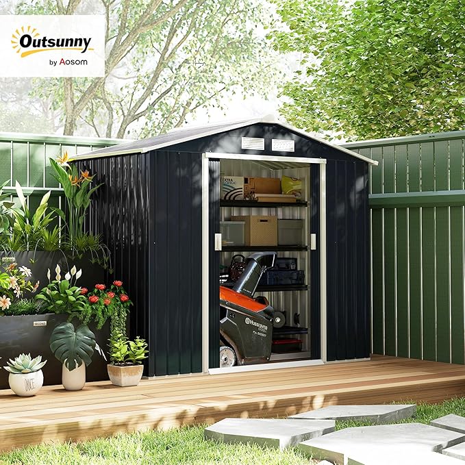 Outsunny 7' x 4' Outdoor Storage Shed, Garden Tool Metal Shed with Foundation Kit, Double Lockable Door, Air Vents and Sloping Roof, for Backyard, Patio, Lawn, Dark Gray