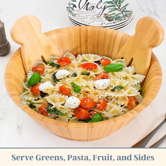 Totally Bamboo Salad Hands, Wood Salad Tongs Alternative for Serving | 2-piece bamboo salad claw servers. Wide scoop for tossing greens, pasta, and fruit. Bowl-grip knob catches on bowl rim.