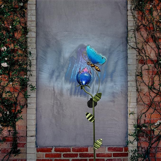 TERESA'S Collections Flower Yard Decorations Outdoor, 42'' Blue Glass Butterfly Solar Outdoor Lights Garden Decor for Outside, Metal Yard Art Garden Stake Decorative for Patio Decor,Gifts for Mom
