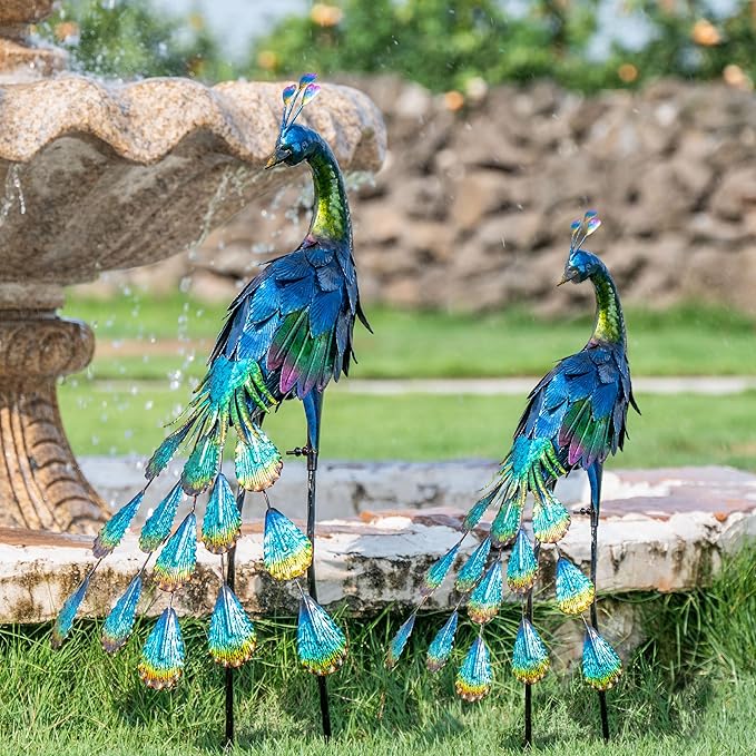 TERESA'S Collections Outdoor Decor Peacock Yard Art Garden Sculptures & Statues,Blue Small Metal Bird Lawn Ornaments,22.4" Outside Mardi Gras Decorations for Porch,Patio,Pond Decor,Gifts for Mom
