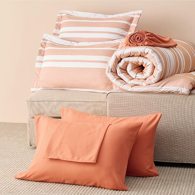 Bedsure Bed in a Bag Twin Size 5 Pieces, Burnt Orange White Striped Bedding Comforter Sets All Season Bed Set with 1 Pillow Sham, Flat Sheet, Fitted Sheet and 1 Pillowcase