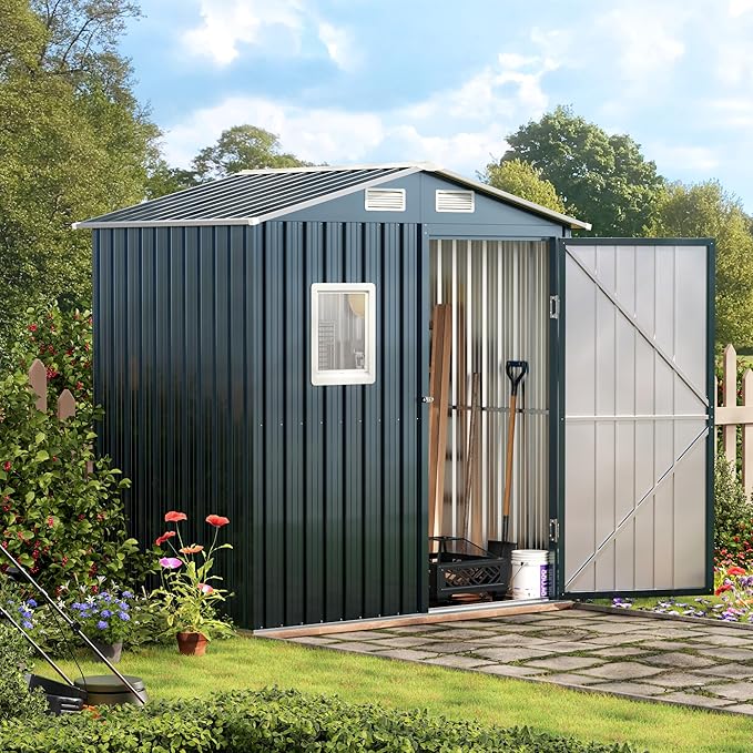 6X4X6.5 FT Compact Vertical Outdoor Steel Storage Shed with Lockable Doors, Ideal for Garden, Backyard, and Patio Utility and Small Tool Storage,Bike Shed, Garbage Can, Chicken Coop