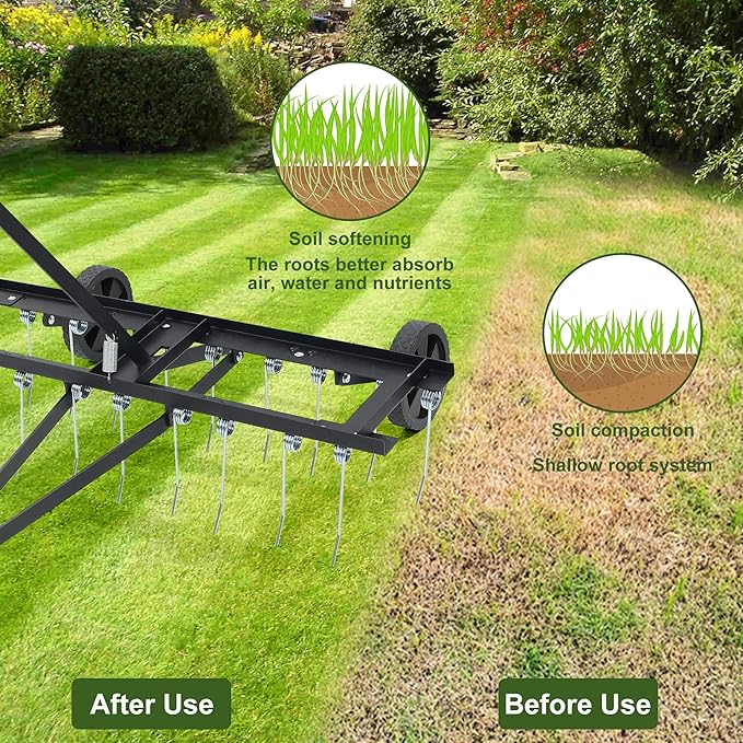 Tow Behind Aerator, 40 inch Lawn Pull Dethatcher with 20 Spring Steel Tines and Lift Handle for Outdoor Yard Care, Lawn Sweeper to Remove Thatch, Leaves and Pine Needles, Black