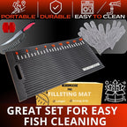 Fish Fillet Mat Kit with Fish Ruler Decal and Fillet Knife, Cutting Gloves. Large 28"x14" Nonslip Fish Cleaning Mat that Grips the Fish - Durable & Easy to Clean, Portable Fish Cutting Board | Fish Ruler, Fillet Knife & Sharpener, Cutting Gloves, Scale...