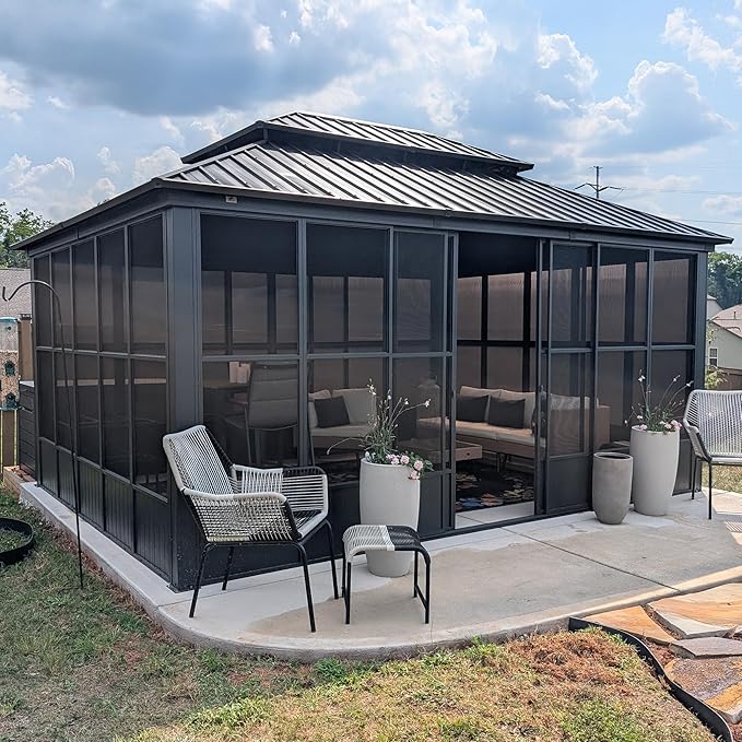PURPLE LEAF 12' X 16' Solarium Sunroom Permanent Hardtop Gazebo Galvanized Steel Double Roof Aluminum Outdoor Screen House for Lawn Deck Backyard Grey