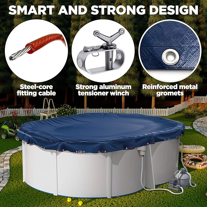 18 x 34 ft Oval Pool Covers for Above Ground Pools, Oval Winter Pool Cover, Swimming Pool Cover, Keeps Out Debris, Cold and UV Resistant, Supreme Mesh, Navy Blue