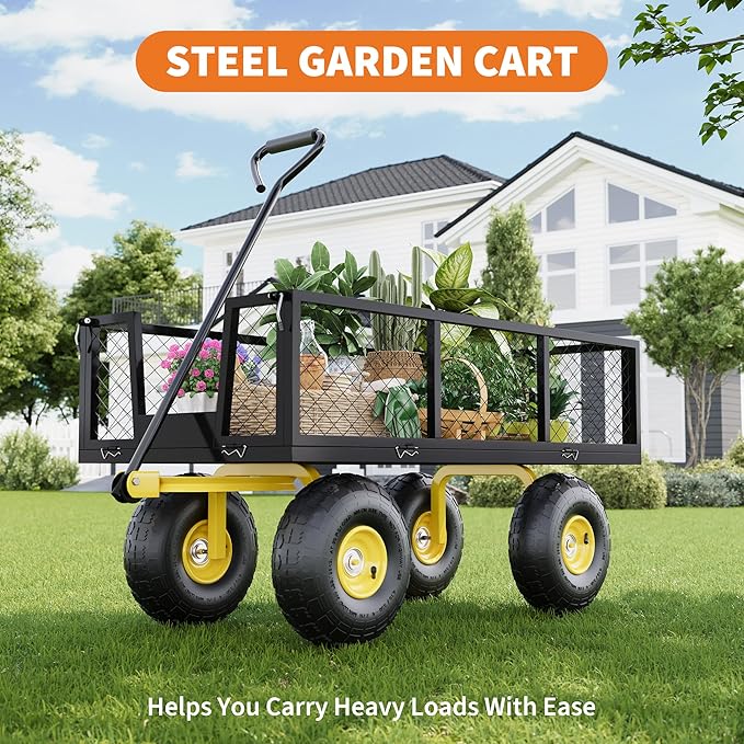 900 Lbs Garden Wagon, 2-in-1 Heavy-Duty Steel Garden Cart, with 10 Inch All-Terrain Tires and Removable Mesh Side Panels, 180° Rotating Handle, Metal Multi-Function Carts, Outdoor Gardens Wagon Cart