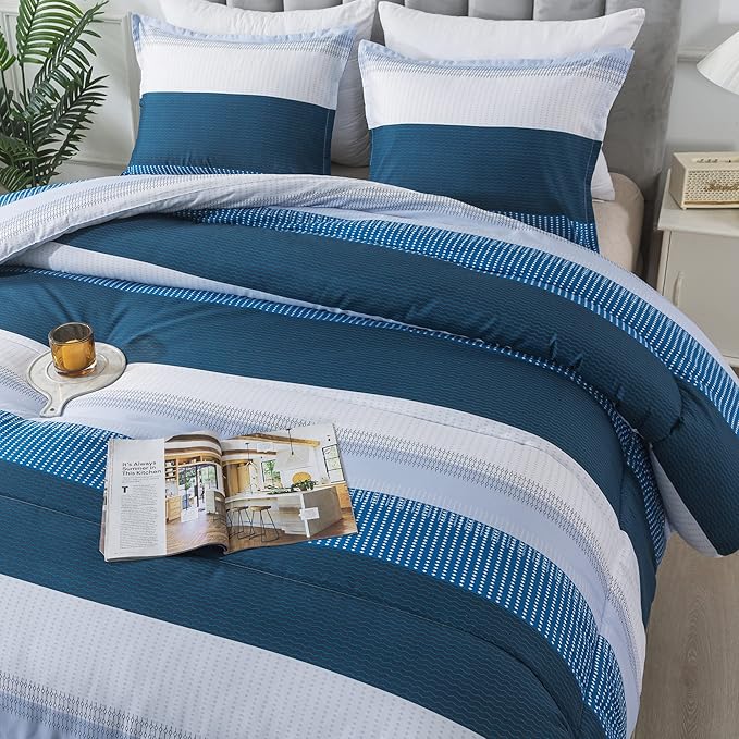 Andency Stripe Comforter Set Queen Size (90x90 Inch), 3 Pieces Navy Patchwork Striped Comforter, Soft Microfiber Down Alternative Comforter Bedding Set with Corner Loops