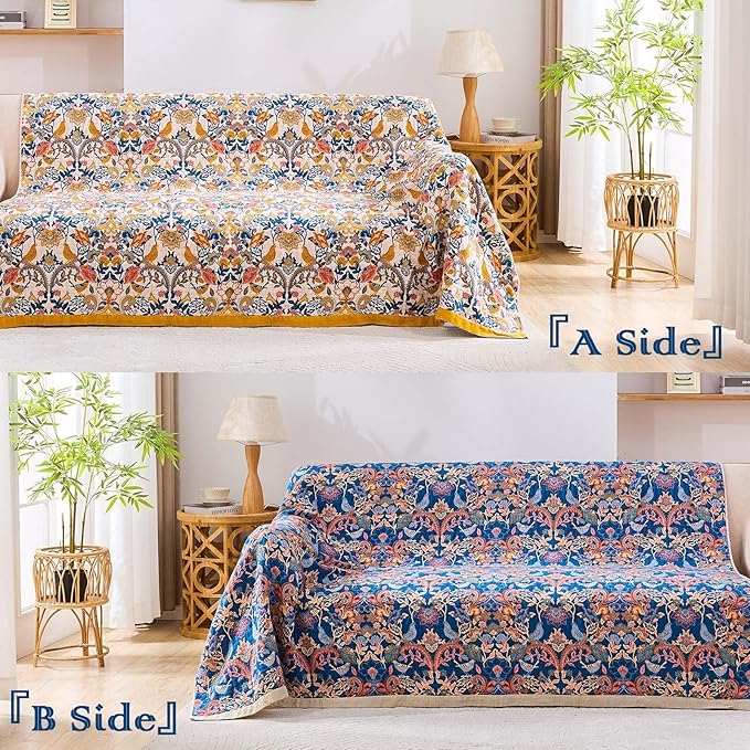 Boho Blanket Throw Quilt, 100% Cotton Soft Light Weight Throw Blankets for Summer, 90"x98" Farmhouse Flower Decorative Blankets, All Season Rustic Reversible Bohemian Throw Quilt