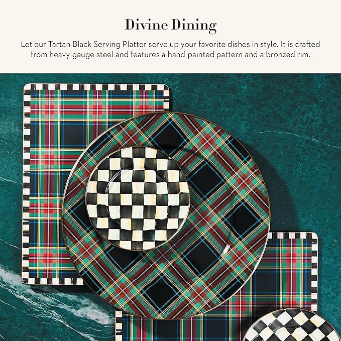 MACKENZIE-CHILDS Enamel Serving Platter, Decorative Serving Platter for Food, 16 Inches, Black Tartan
