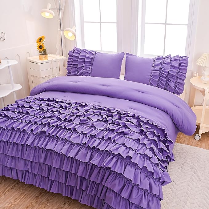 Lavender Princess Ruffle Comforter, Purple Twin Comforter Set for Girls (1 Ruffled Comforter and 2 Pillowcases), 3 Pieces Vintage Rustic Purple Bedding Set for Girls Kids