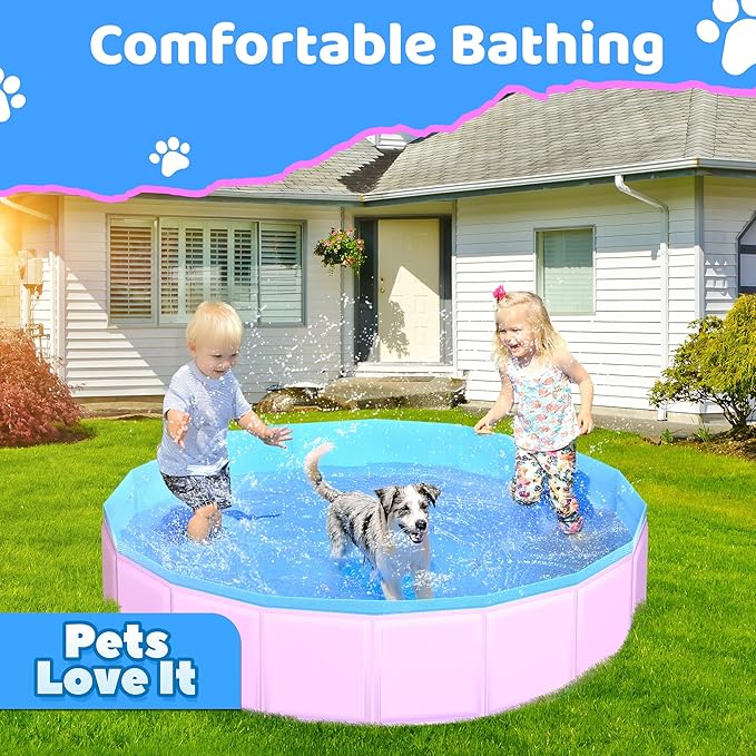2025 Updated Foldable Dog Pool, 87" x 12" Kiddie Pool with Hard Plastic, Non-Slip Dog Bath Tub for Outdoor Backyard, Collapsible Dog Swimming Pool for Kids Dogs Pets (Pink)