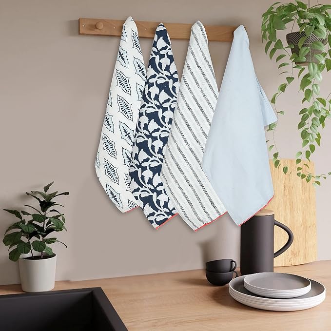 TARAN LIVING Dish Towels for Kitchen Tea Towels for Gifting Bar Towels for Kitchen Towels Hand Printed Dish Cloths - 18"x28"- Blue, Pack of 4