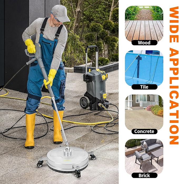18" Pressure Washer Surface Cleaner with 4 Wheels, Stainless Steel Power Pressure Washer Attachment for Driveway Concrete Patio Cleaning, 2 Extension Wand Accessories, 1/4" Quick Connect, 4000PSI