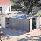 14x10 FT Outdoor Storage Shed,Metal Shed W/ 3 Lockable Doors，Floor Frame & Side Door,Garden Tool House W/ 4 Air Vents & Sloped Roof,for Backyard Patio Lawn,Light Gray
