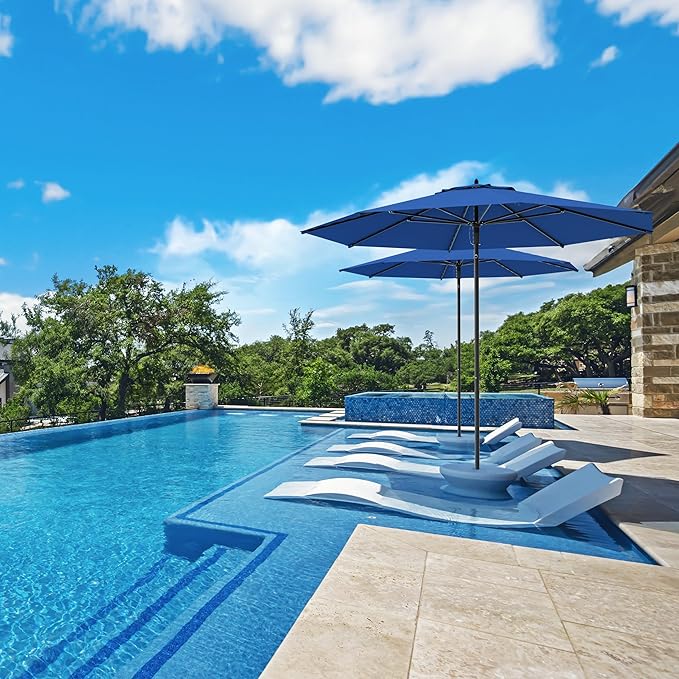 Midtown Umbrellas Push Pop Sunbrella Umbrella 10 Feet Large Outdoor Umbrella With Dark Blue Acrylic Fabric - Deck Patio Umbrella, Backyard Umbrella, Garden Umbrella & Pool Umbrella - Black Pole