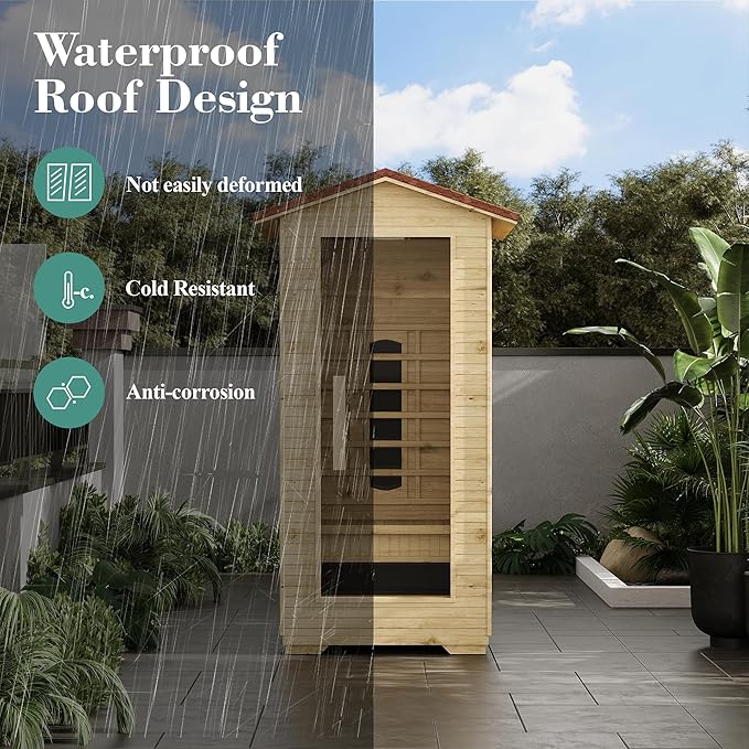 1 Person Outdoor Infrared Sauna - 3D Fast Heating Home Spa Sauna w/Chromotherapy Light, Wooden Sauna Room Kit w/Bluetooth Speaker (CE Certified,110V)