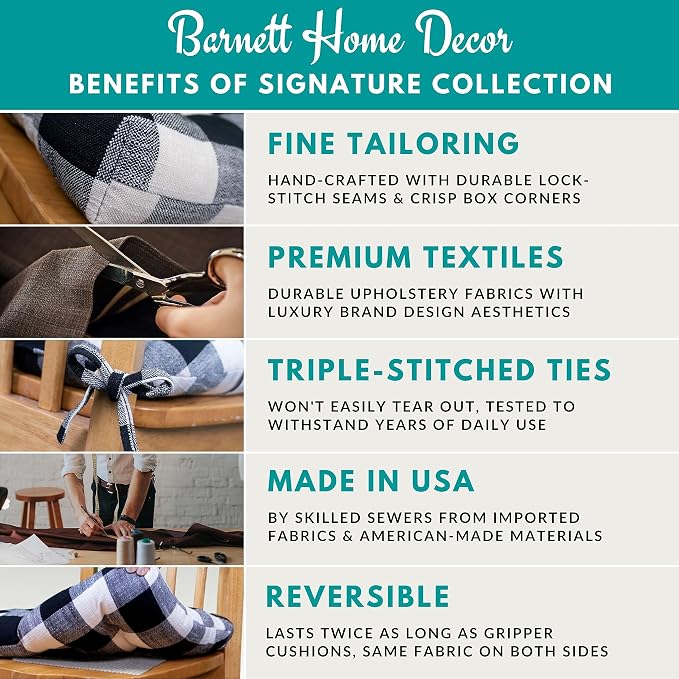 Barnett Home Decor Dining Chair Pad with Ties - Buffalo Check Black & Ivory Size Medium 16.5 x 18 - Latex Foam Filled Cushion, Reversible, Made in USA (Black & White, Medium)…