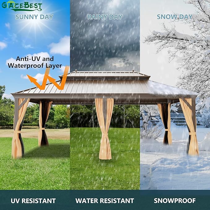 12' X 24' Hardtop Gazebo, Outdoor Galvanized Steel Double Roof Permanent Aluminum Frame Pavilion Pergola Canopy with Privacy Curtains for Garden, Patio, Backyard, Deck and Lawns.