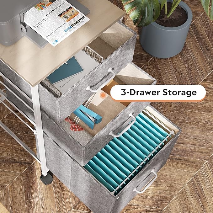 DEVAISE Mobile File Cabinet, Rolling Printer Stand with 3 Drawers, Fabric Vertical Filing Cabinet fits A4 or Letter Size for Home Office, Light Grey