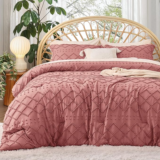 Bedsure Full Size Comforter Set - Pink Clay Comforter, Boho Tufted Shabby Chic Bedding Comforter Set, 3 Pieces Vintage Farmhouse Bed Set for All Seasons, Fluffy Soft Bedding Set with 2 Pillow Shams