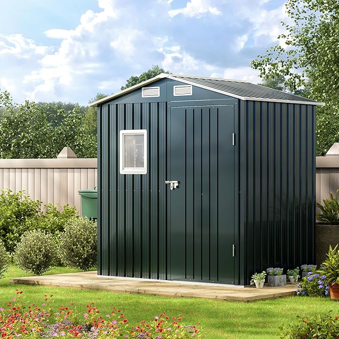 6X4X6.5 FT Compact Vertical Outdoor Steel Storage Shed with Lockable Doors, Ideal for Garden, Backyard, and Patio Utility and Small Tool Storage,Bike Shed, Garbage Can, Chicken Coop