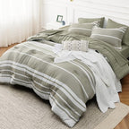 Bedsure Bed in a Bag Queen 7 Pieces, Olive Green White Striped Bedding Comforter Sets All Season Bed Set, 2 Pillow Shams, Flat Sheet, Fitted Sheet and 2 Pillowcases