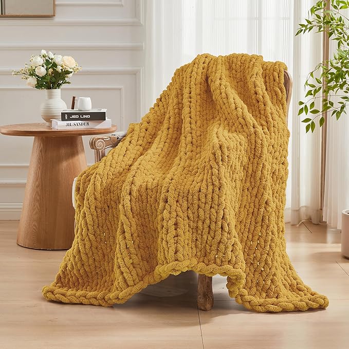 Carriediosa Chunky Knit Throw Blanket 50" X 60", 100% Hand Made Large Chenille Loop Yarn Soft Fluffy Throws for Couch Sofa Bed, Big Crochet Cozy Heavy Thick Cable Woven Blanket, Yellow