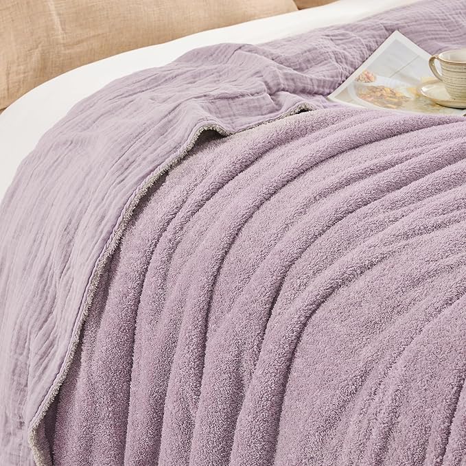 EMME Muslin and Fleece Twin Blanket Reversible - 60"*80" Lavender Soft Warm Throw Blankets for Couch Bed Picnic Travel Bed