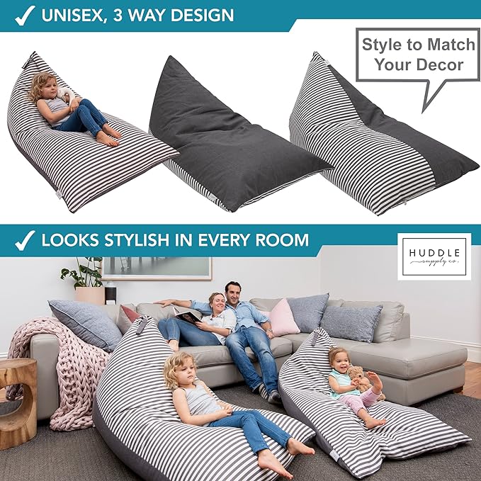 HUDDLE Original Stuffed Animal Bean Bag Storage Large Designer Beanbag Chairs for Kids Teens & Adults | Instant Clutter Clear for Stylish Moms - Stuffed Animal Storage Bean Bag Chair Grey Stripe